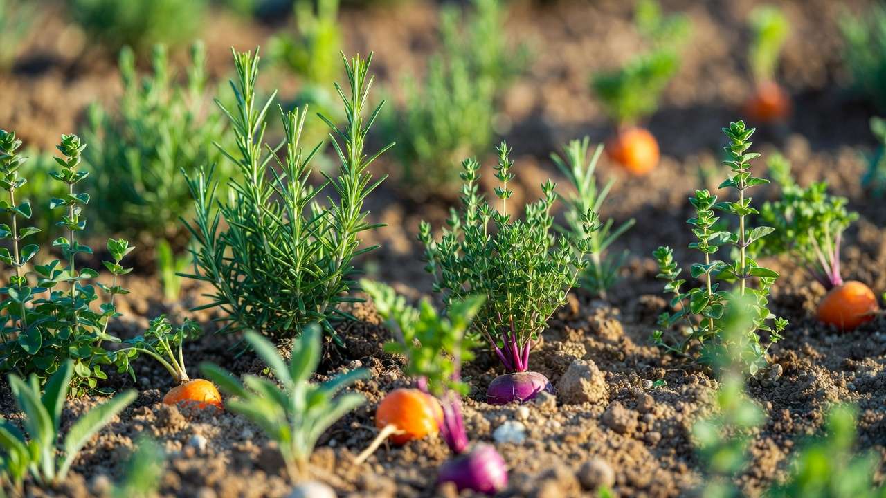 Drought-loving herbs like rosemary and thyme plus vegetables thriving in sandy loose soil