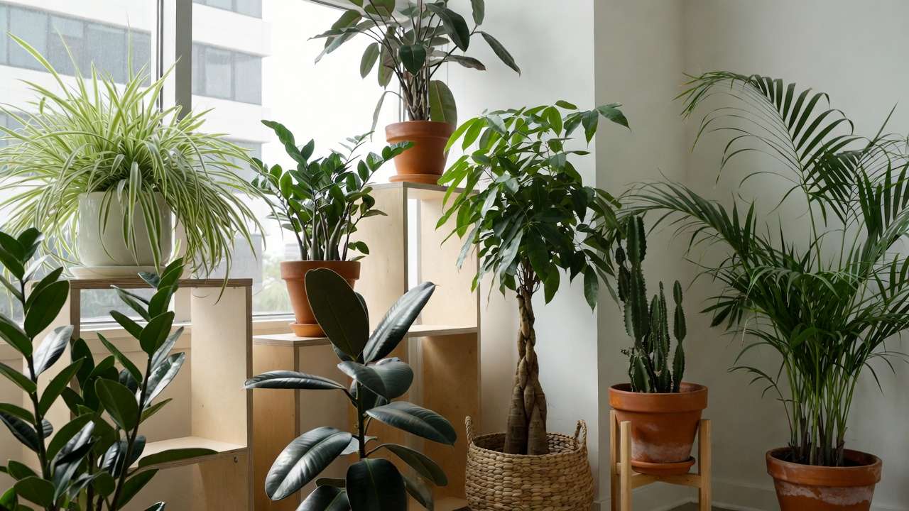 Collection of low-maintenance houseplants like spider plant, rubber plant, and money tree in office corner for boosting productivity