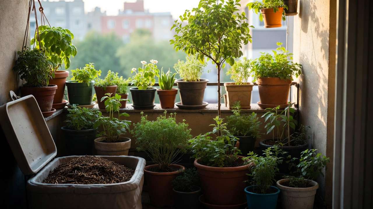Thriving urban balcony garden with potted plants, small tree, and homemade compost bin in city setting.