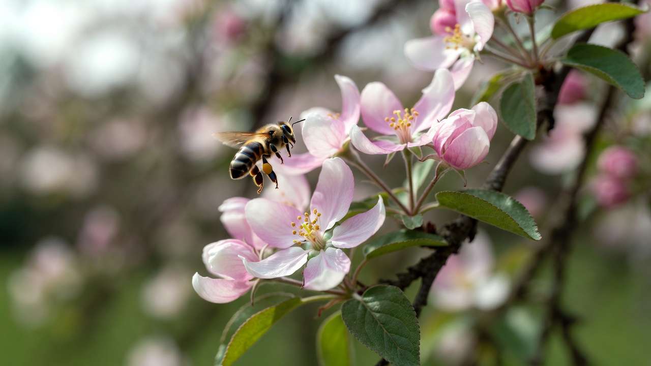 Honeybee approaching crabapple blossoms for pollination in fruit orchard