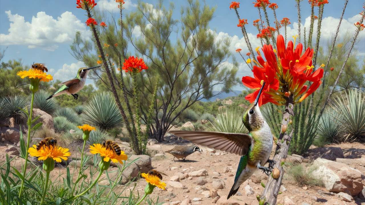 Native desert plants attracting hummingbirds, bees, and quail in a wildlife-friendly arid landscape