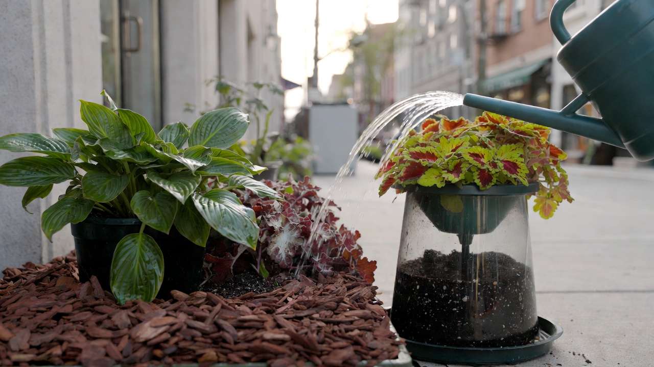 Mulching and watering shade-tolerant plants like hostas in urban container garden for healthy growth
