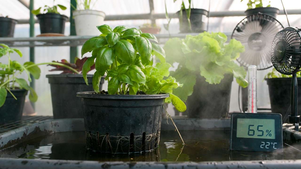 Bottom watering healthy herbs in indoor greenhouse with humidity and temperature monitoring