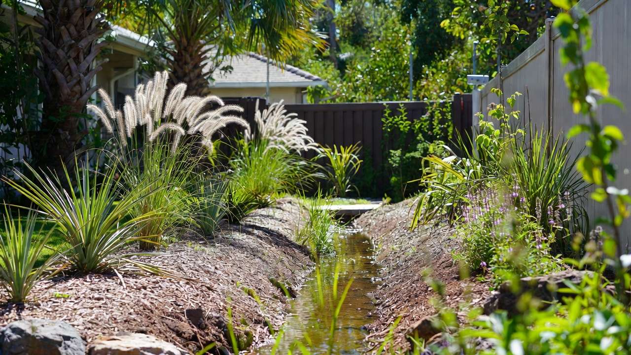 Well-maintained bioswale with native plants in tropical yard, low-maintenance drainage solution using vetiver and flowers