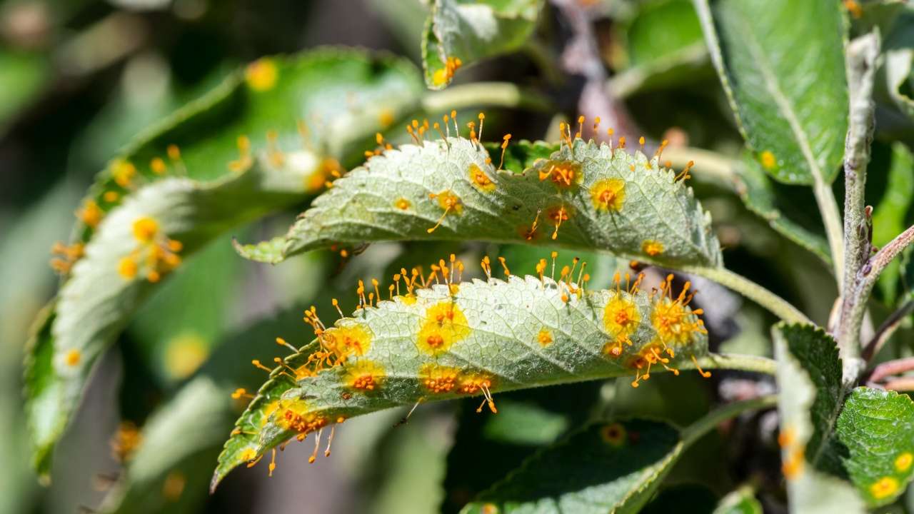 Cedar apple rust on apple leaves showing orange-yellow spots and spore tubes