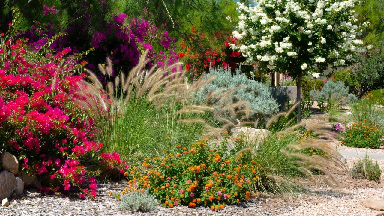 Colorful xeriscape garden bed with bougainvillea, lantana, ornamental grasses, and crape myrtle showcasing drought-tolerant plant choices