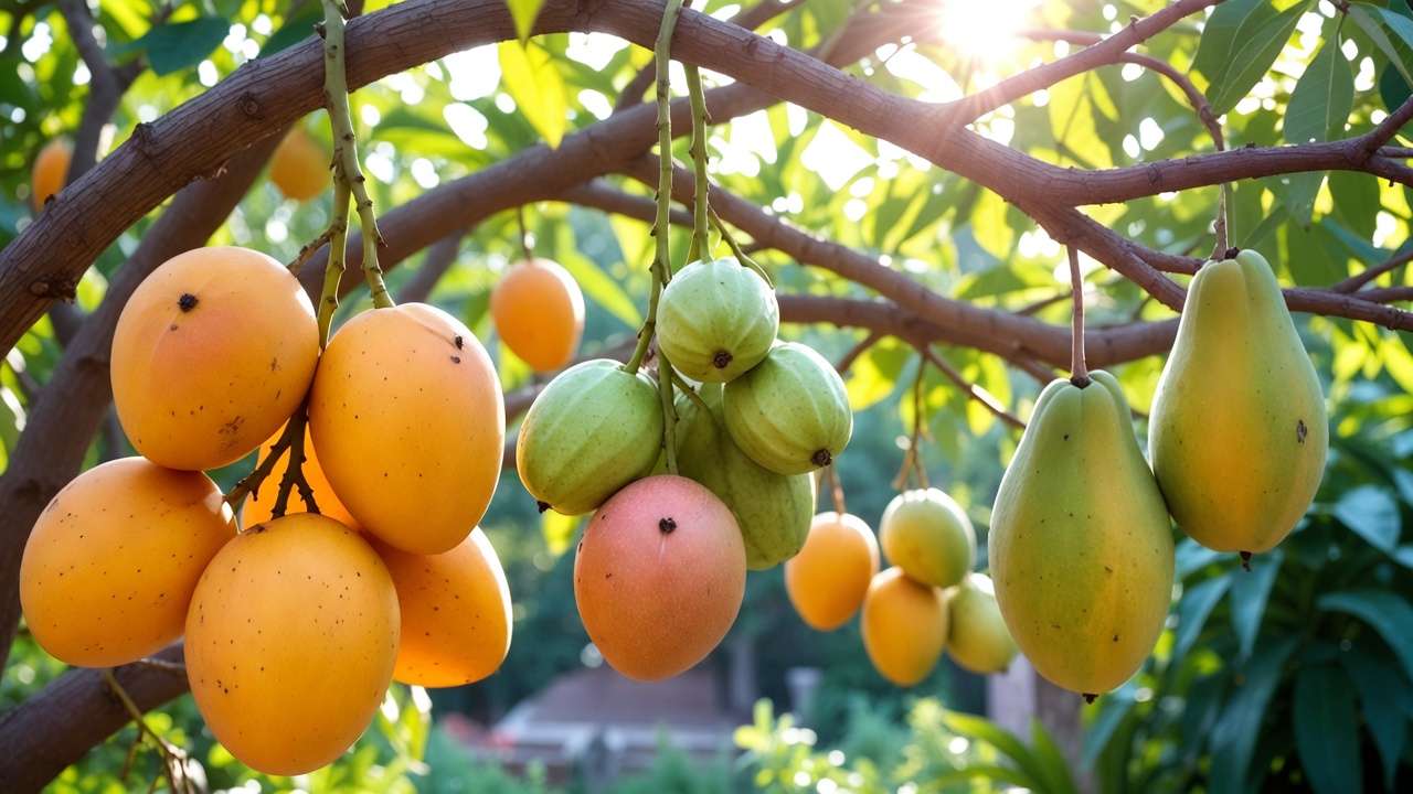 Ripe homegrown mango, guava, and papaya fruits on tree branches in garden