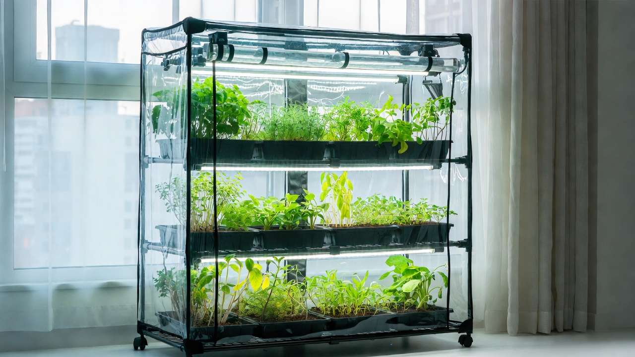 Compact 4-tier indoor greenhouse with LED lights growing fresh herbs in small urban apartment