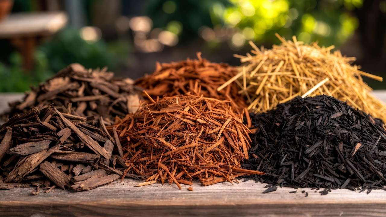 Variety of organic mulches like wood chips, straw, and compost for fruit trees