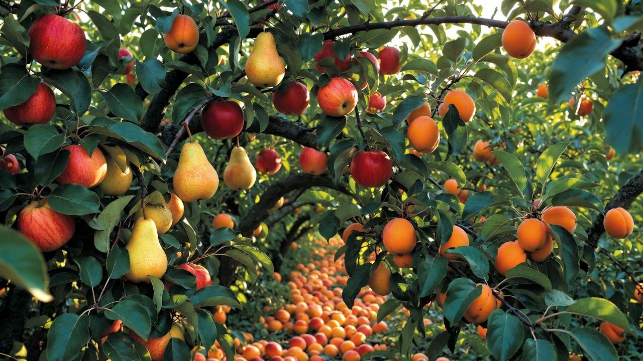 Ripe apples pears and apricots ready for harvest on orchard trees