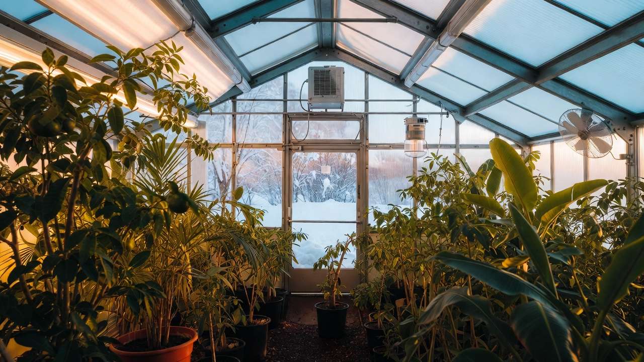 Modern heated greenhouse interior with potted tropical fruit trees and snowy view outside in winter