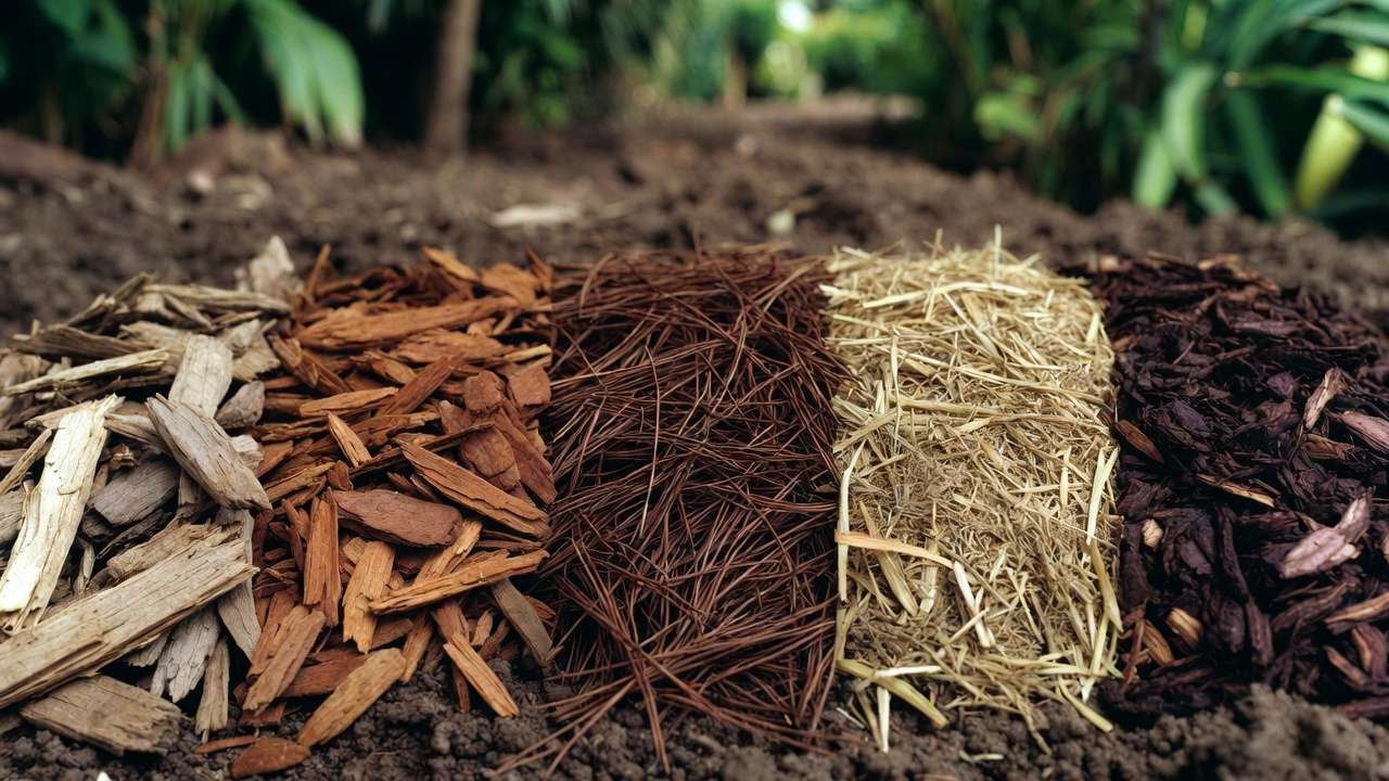 Variety of organic mulches like wood chips, pine needles, and straw for effective drought stress protection in plants and trees