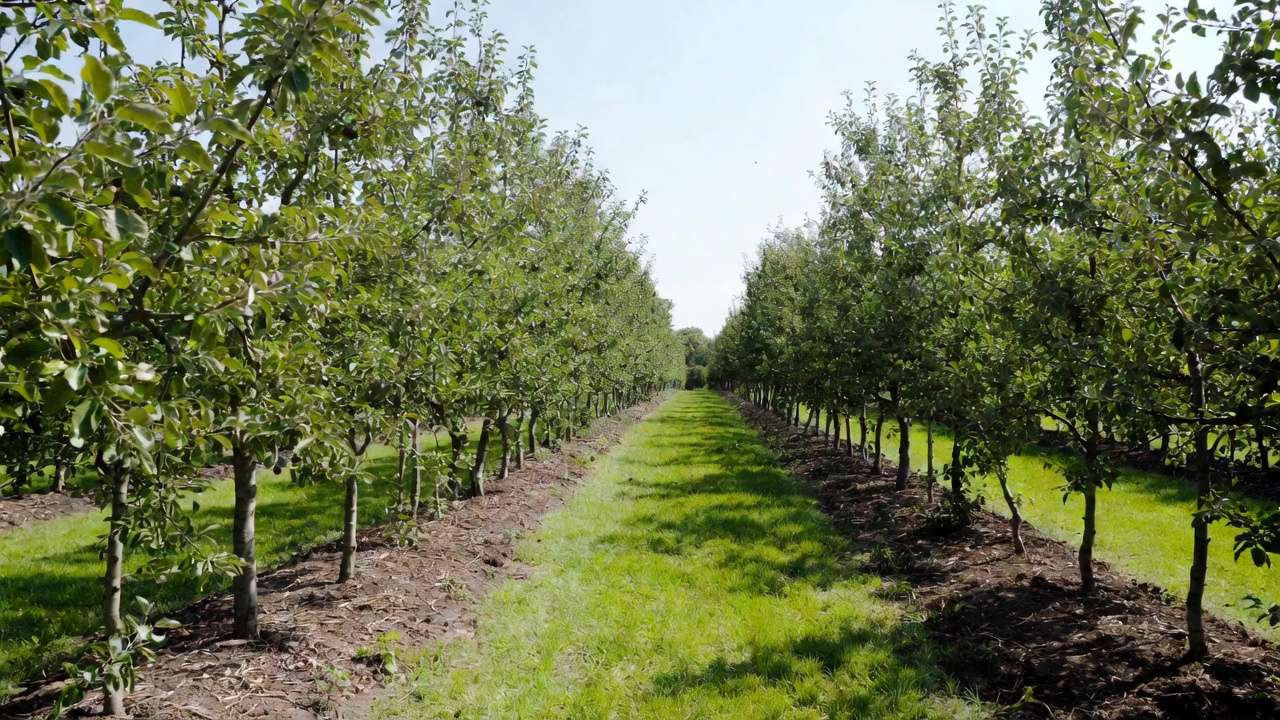Well-managed orchard floor with grass alleys and mulch strips under fruit trees for optimal health and yields