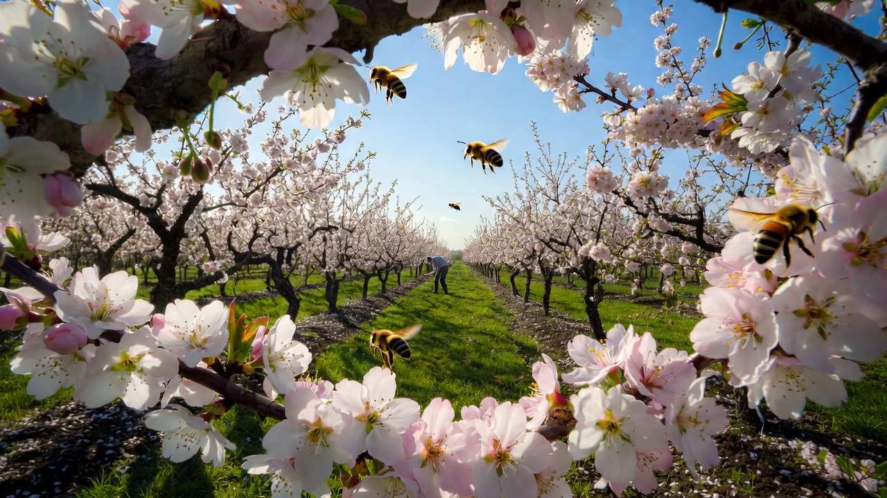 Blooming sweet cherry orchard with bees and gardener for cross-pollination success.