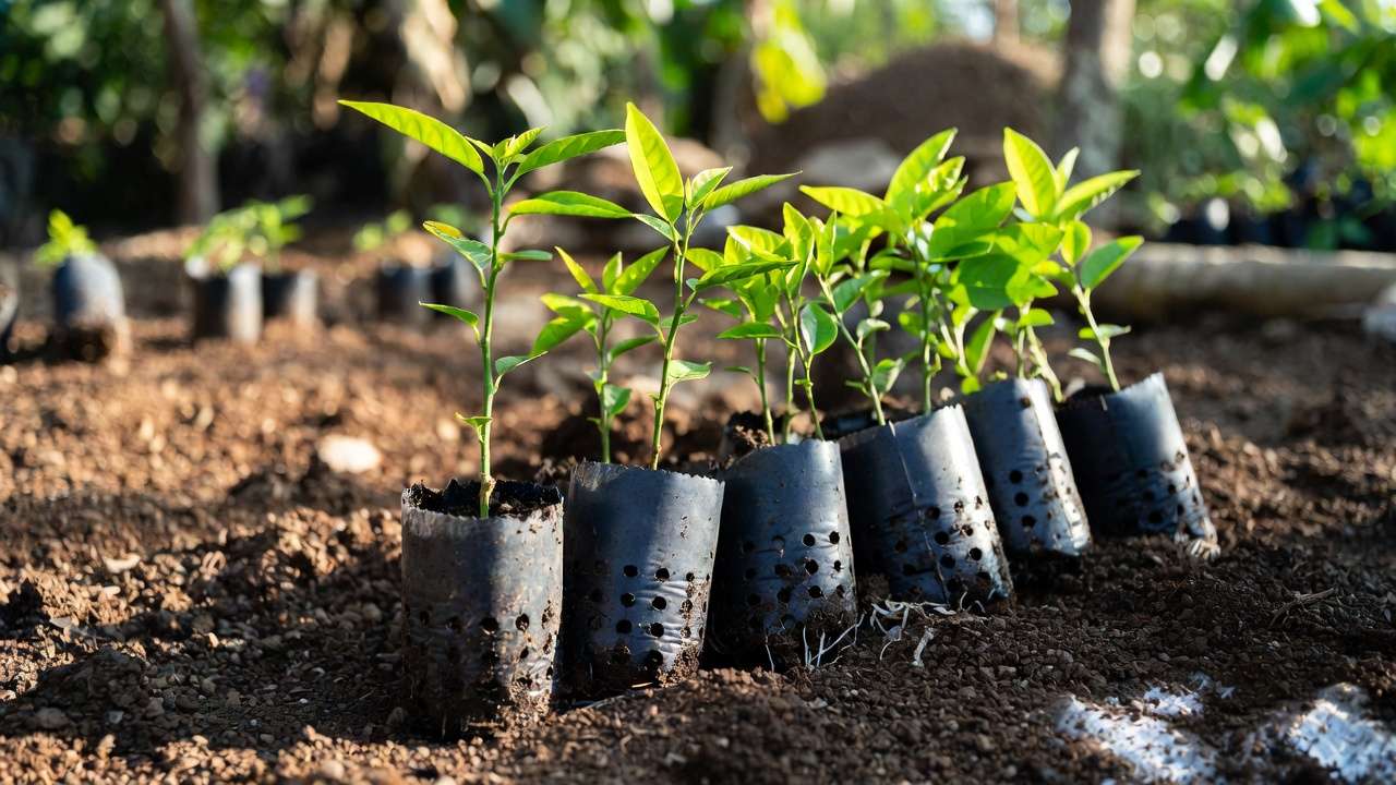 Healthy citrus rootstock seedlings in pots ready for grafting to improve fruit yields