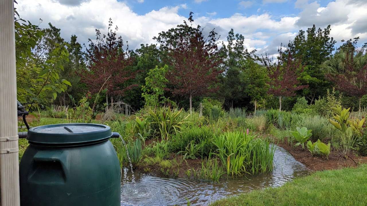 Hybrid rain barrel and rain garden system capturing runoff in a small backyard for plants and trees