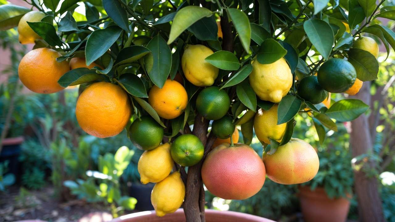 Multi-variety citrus tree grafted with oranges, lemons, limes, and grapefruits