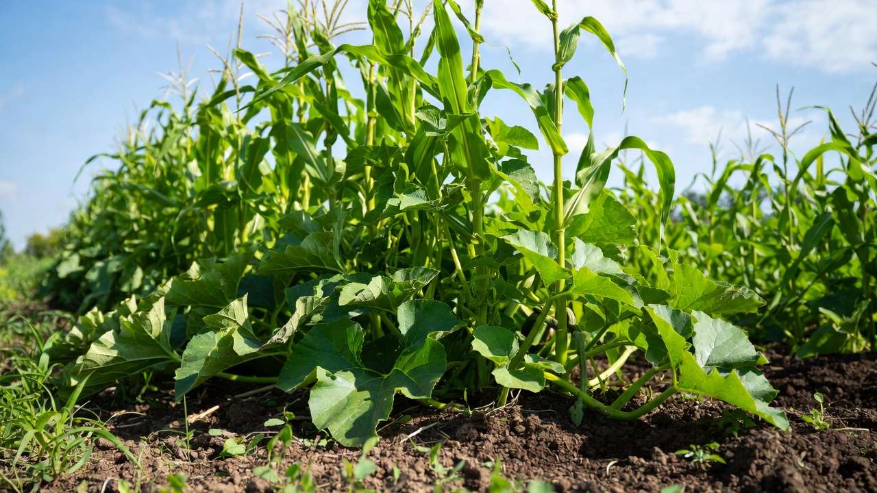 Three Sisters companion planting corn beans squash growing symbiotically in eco garden