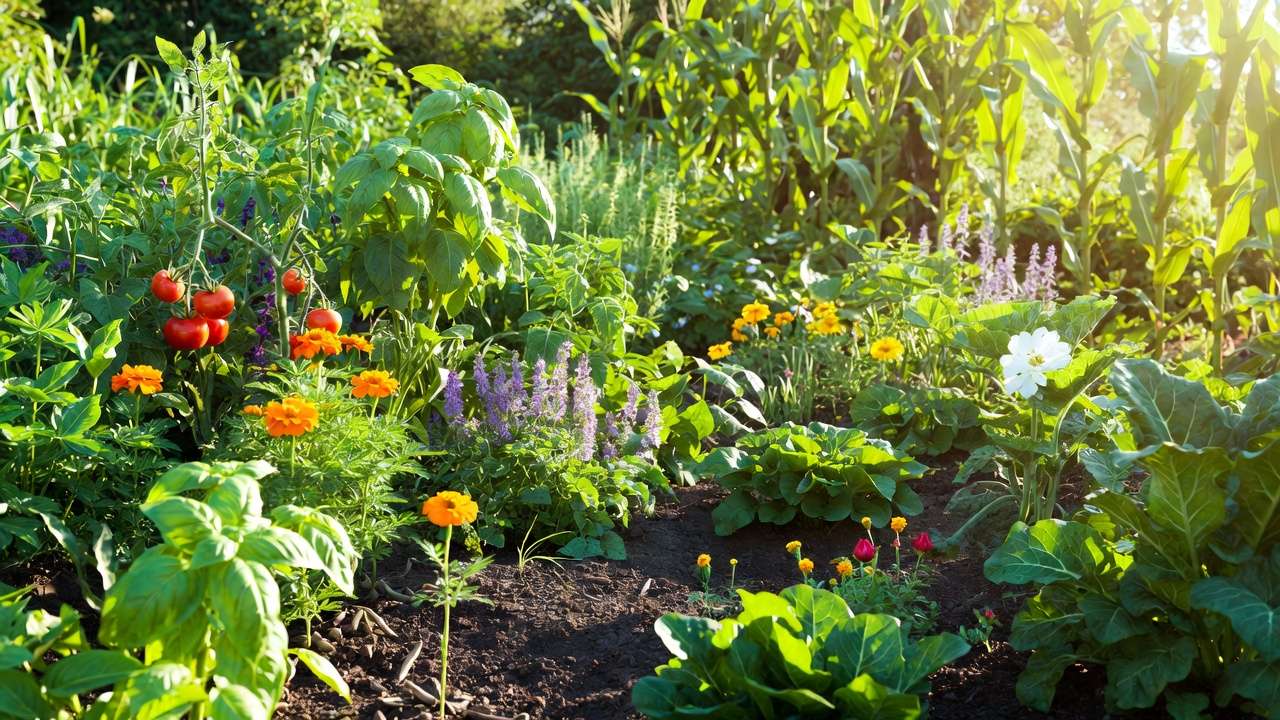 Diverse companion planting garden with tomatoes basil marigolds and vegetables thriving together sustainably