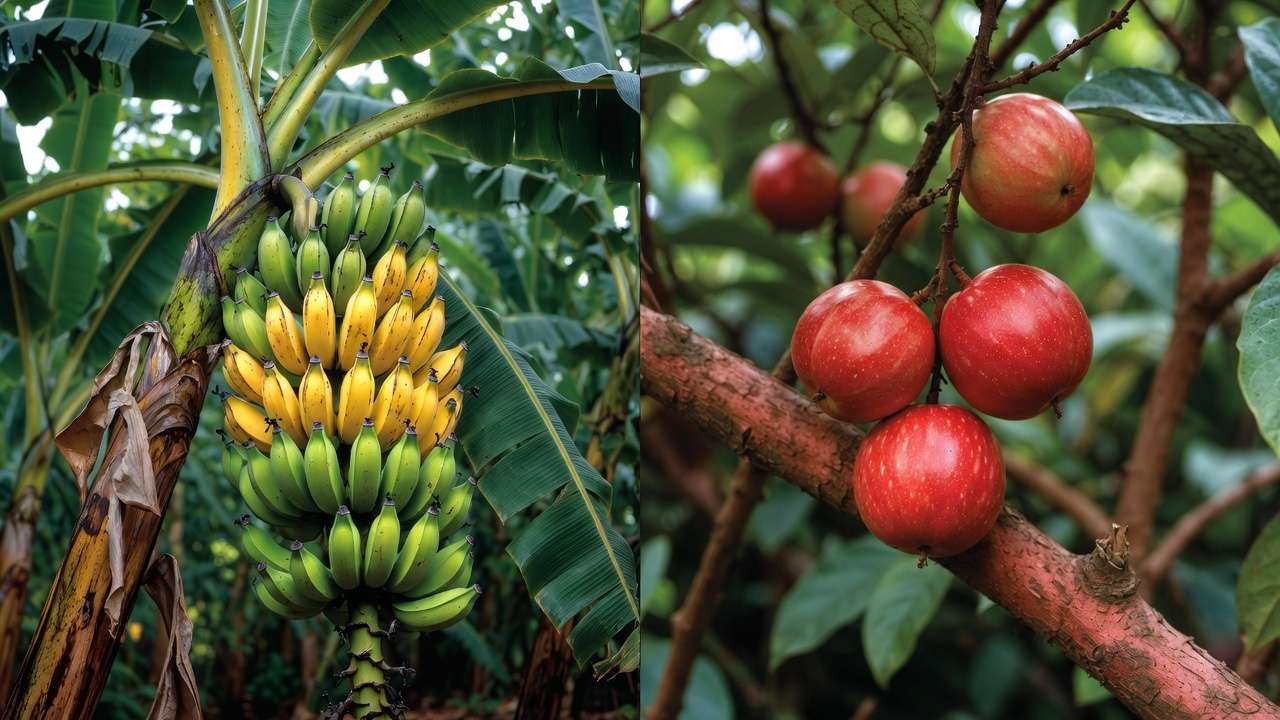 Side-by-side comparison of climacteric bananas ripening and non-climacteric guavas on the tree