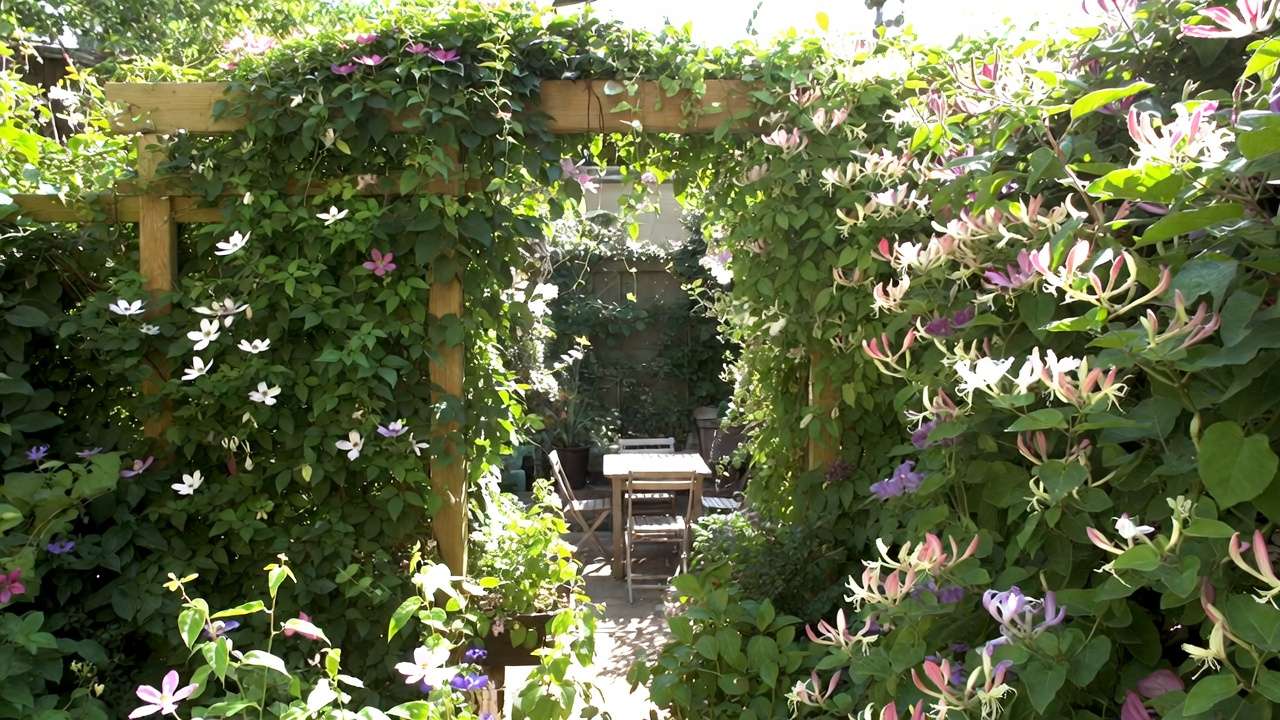 Climbing vines on trellis providing vertical privacy and beauty in a small backyard.