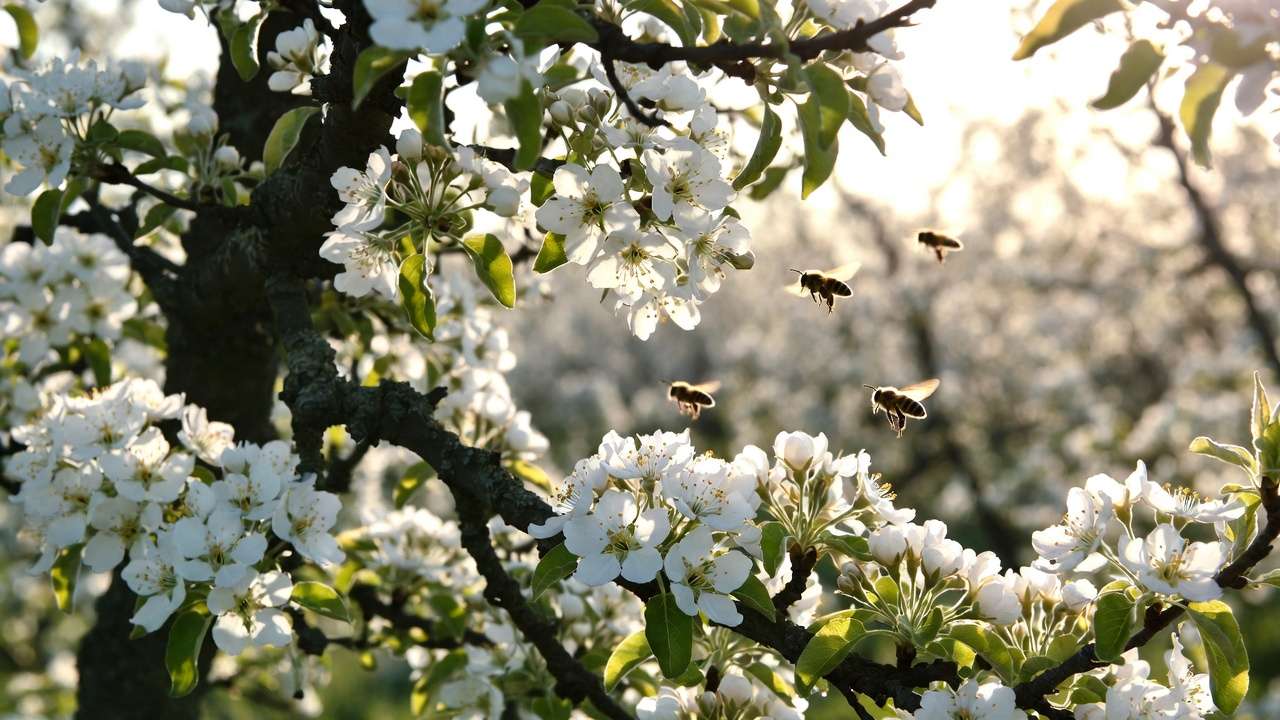 Bees pollinating blooming pear tree flowers in spring orchard for better cross-pollination results