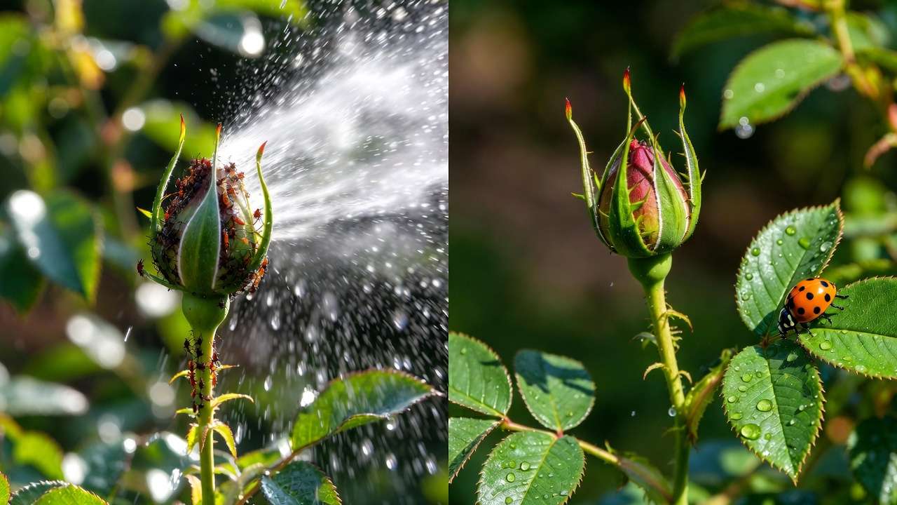 Before and after natural aphid control using water spray on rose plant in eco-friendly yard