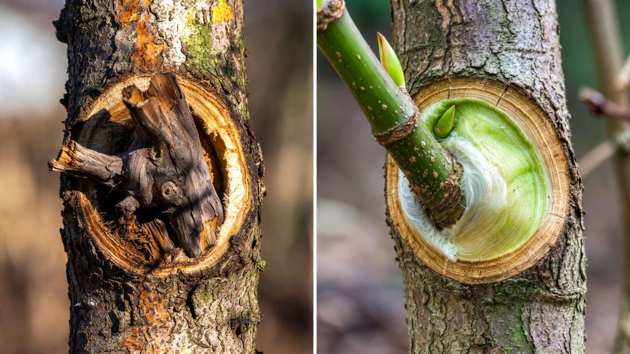 Comparison of failed vs successful graft union on fruit tree showing common grafting mistake