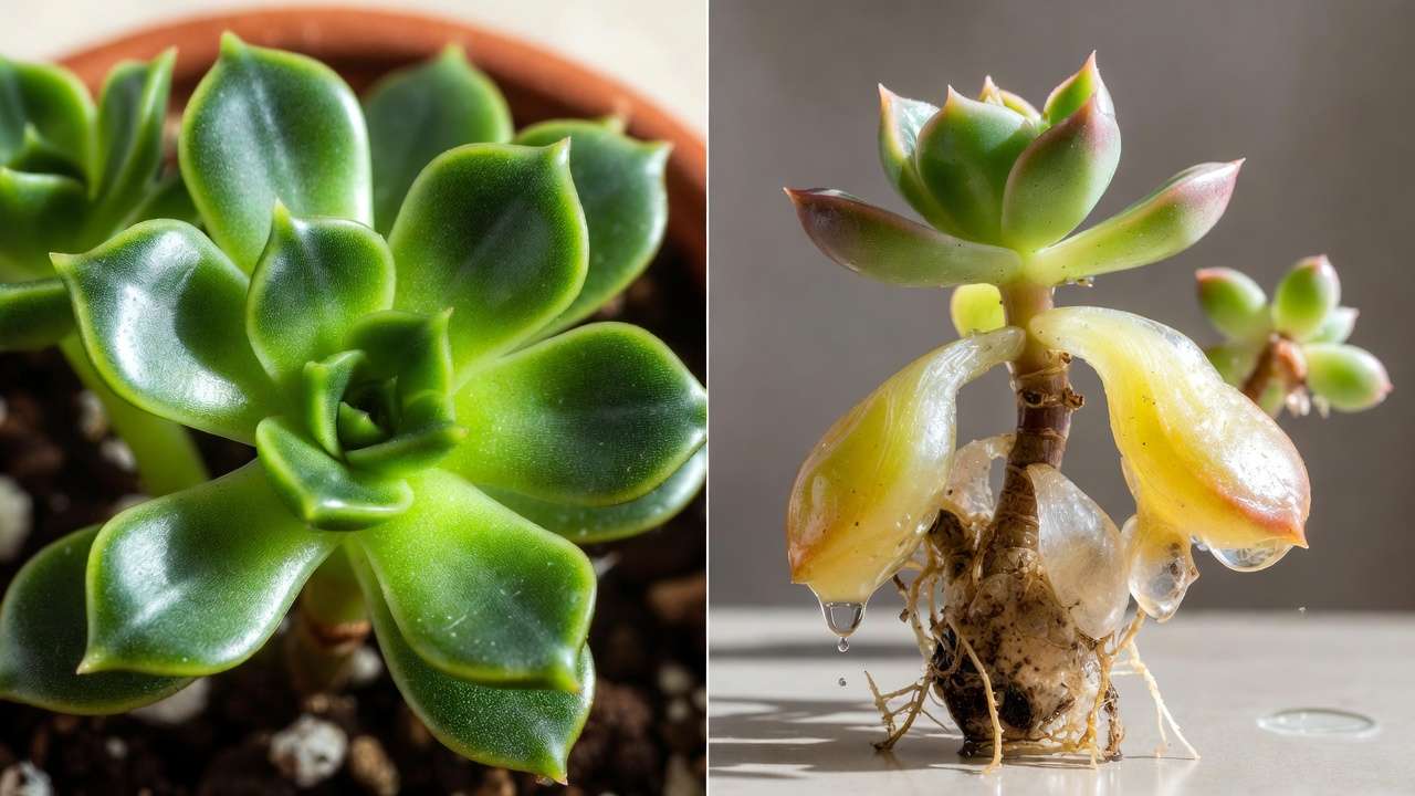 Side-by-side comparison: healthy drought-tolerant succulent vs overwatered one with yellow mushy leaves from excessive watering.