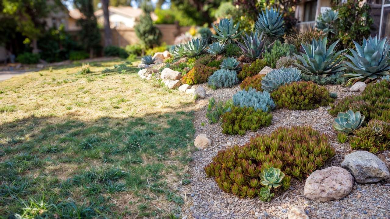 Before-and-after succulent xeriscape transformation fixing common landscaping mistakes.