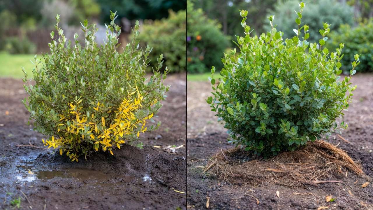 Before and after comparison of overwatered vs properly irrigated drought-tolerant shrub showing root rot damage and recovery