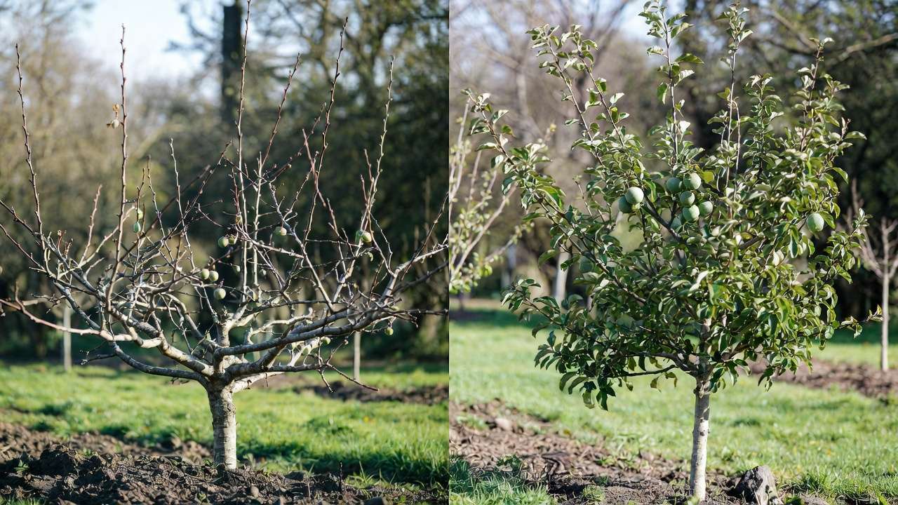 Comparison of over-pruned vs properly pruned fruit tree showing common pruning mistake effects