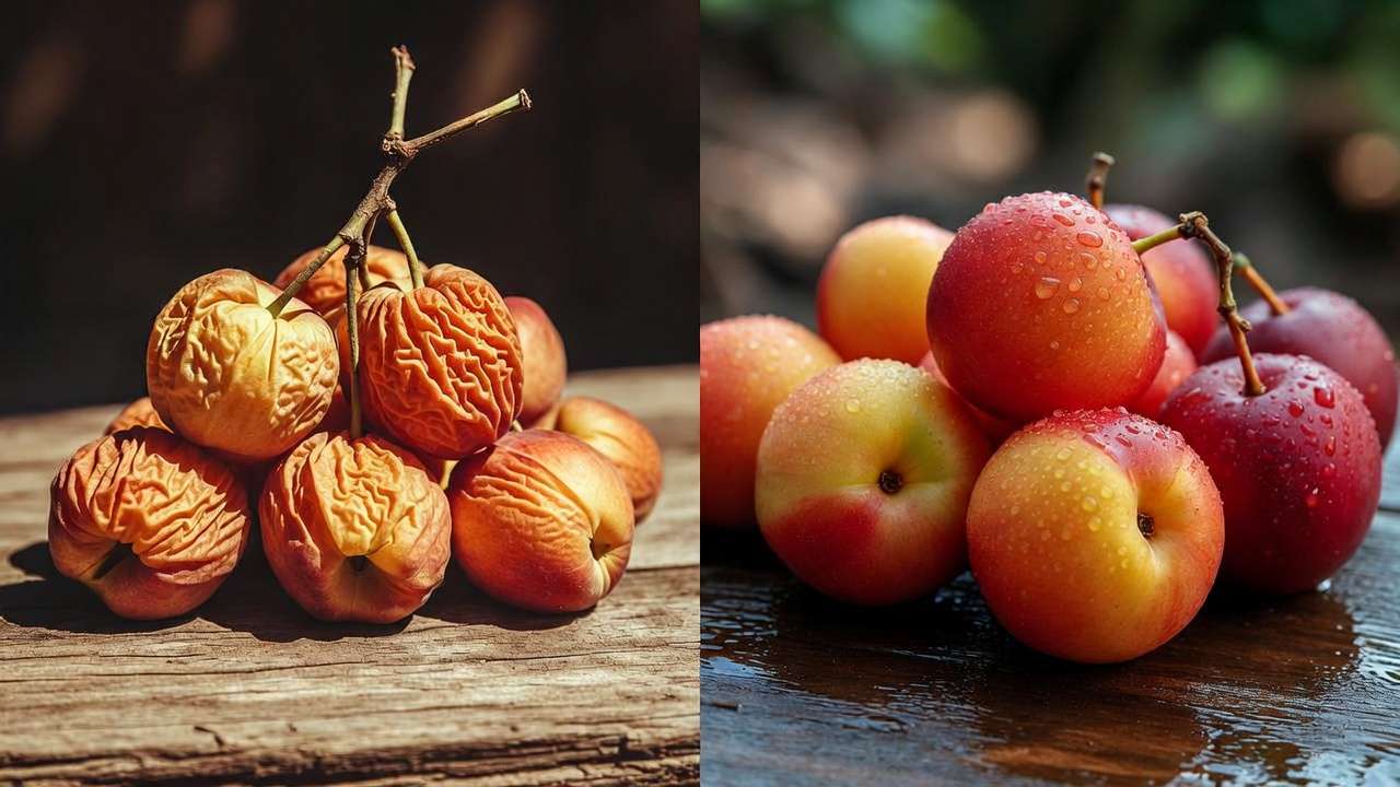 Comparison of afternoon vs morning harvested fruit showing wilting vs peak juiciness and freshness