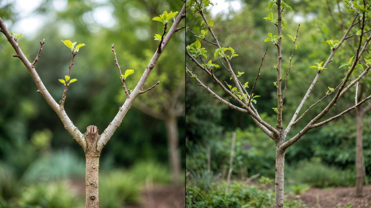 Comparison of narrow weak crotch vs wide strong branch angle on young fruit tree after training