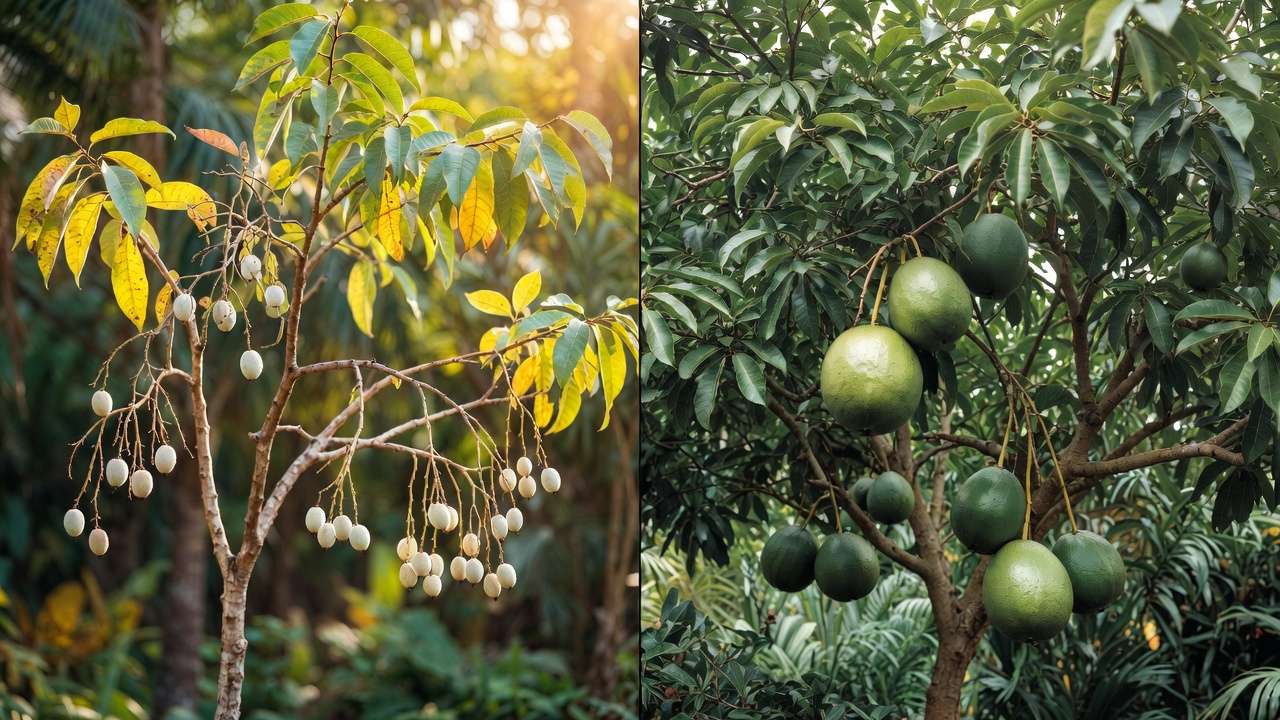 Before and after organic fertilization: nutrient-deficient vs. healthy abundant fruit tree in tropical climate.