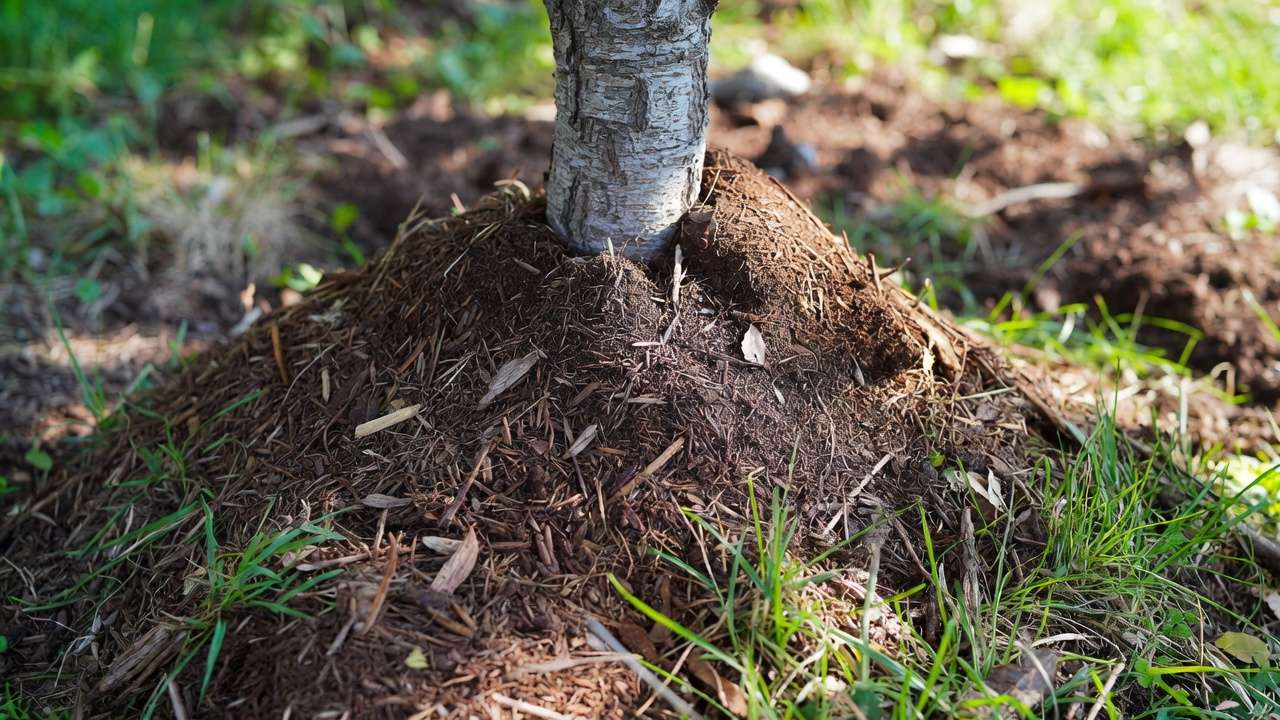 Harmful mulch volcano piled against fruit tree trunk risking rot and girdling roots