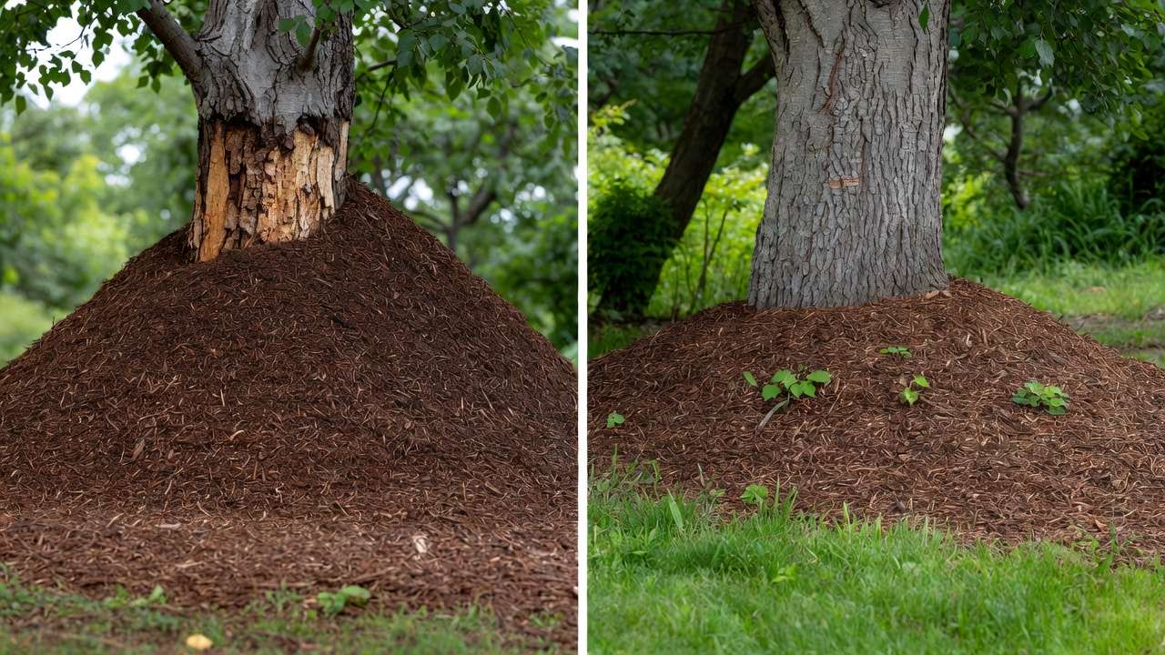 Comparison of wrong mulch volcano vs correct mulch application around tree trunk to avoid rot and improve moisture conservation.