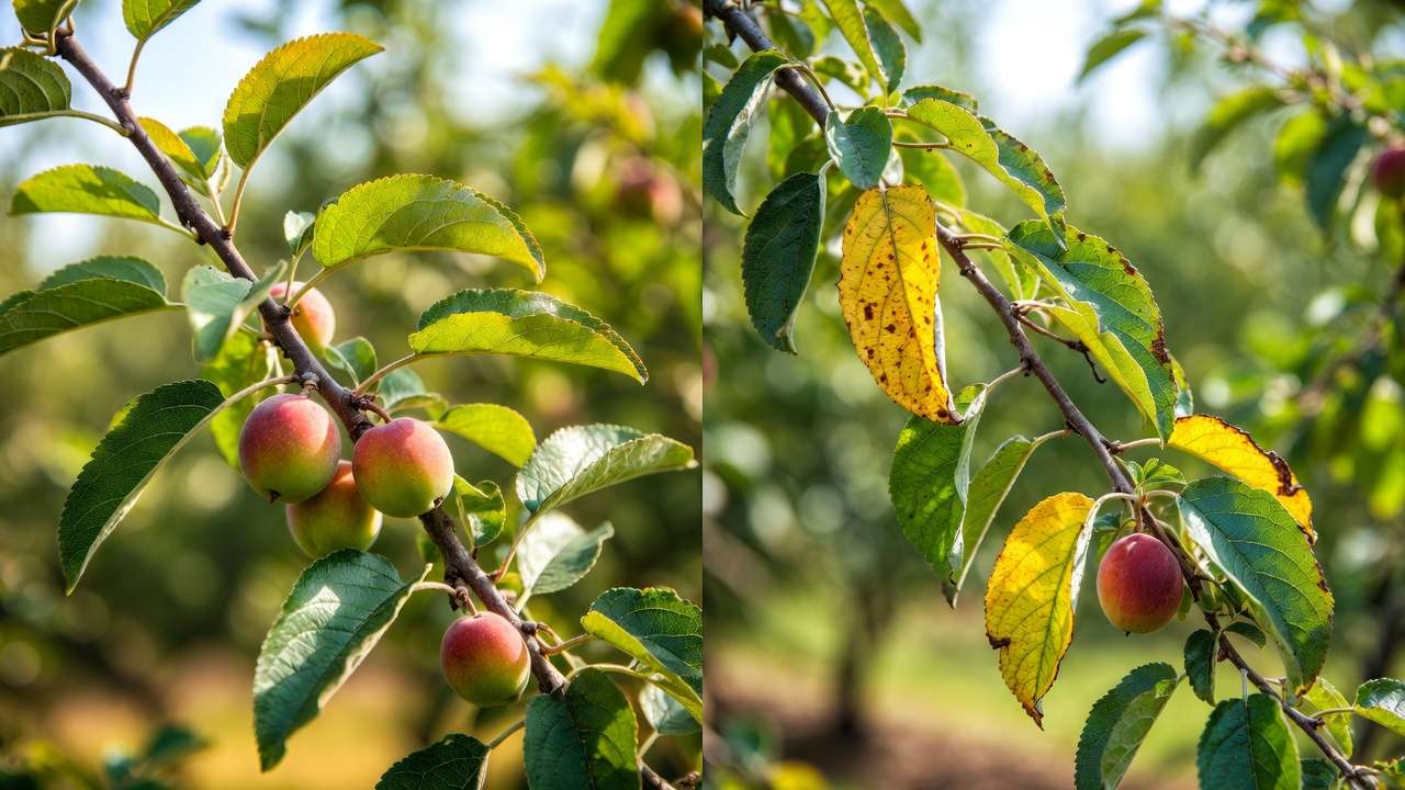 Before and after comparison of healthy vs nutrient-deficient orchard tree leaves and fruit