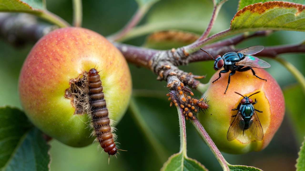 Close-up identification of common pests in home orchards including codling moth, plum curculio, apple maggot, aphids, and spider mites on fruit trees