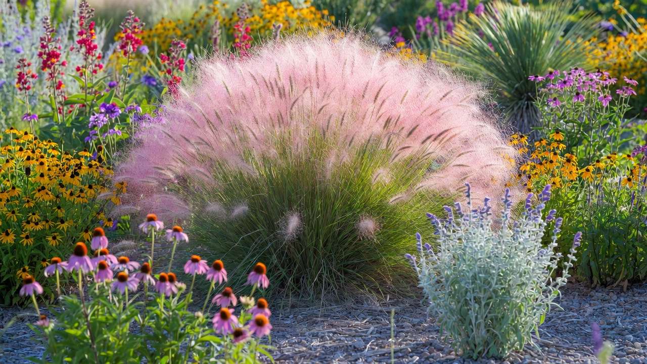 Drought-tolerant companion plants including coneflowers, black-eyed Susans, and Russian sage paired with pink muhly grass in an arid landscape
