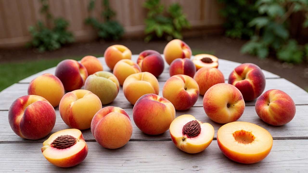 Variety of fresh backyard peaches including yellow and white types on garden table
