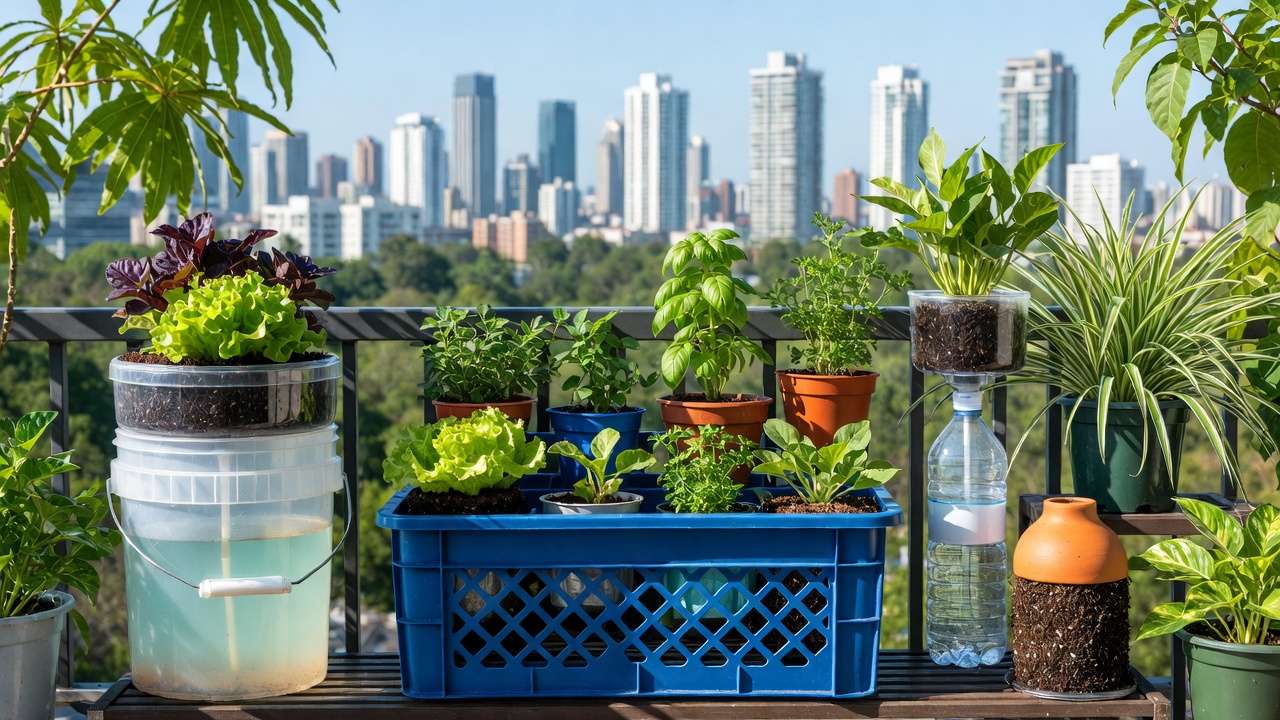 Complete balcony garden with various DIY self-watering containers growing healthy vegetables and herbs