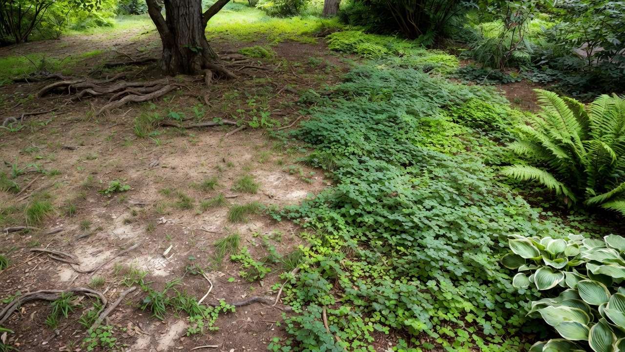 Before and after dry shade under trees transformation with lush low-maintenance plants