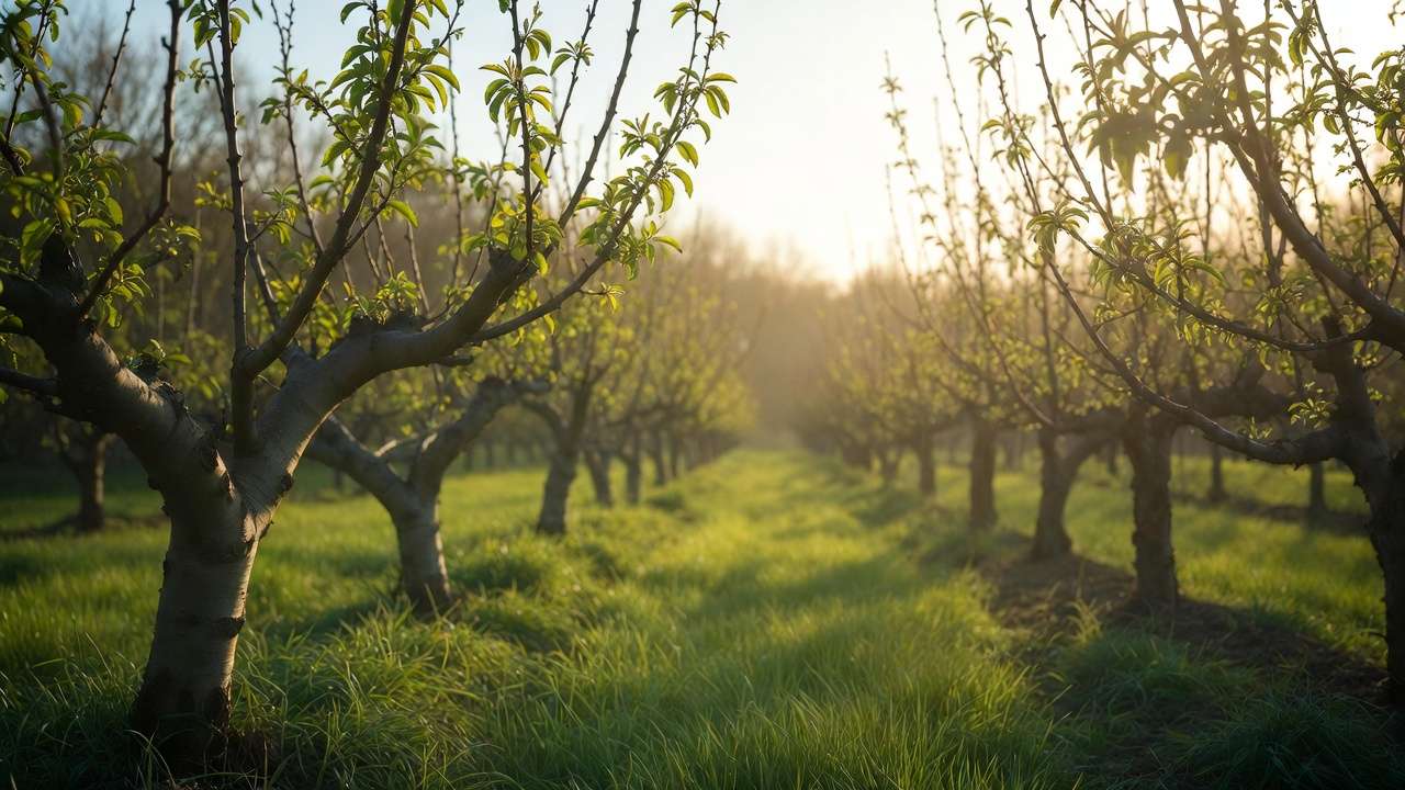 Healthy fruit trees in early spring after proper dormant oil spray application