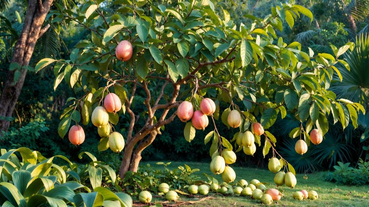 Abundant ripe guava harvest on organically grown tree in Bangladesh, showing bigger healthier fruits.