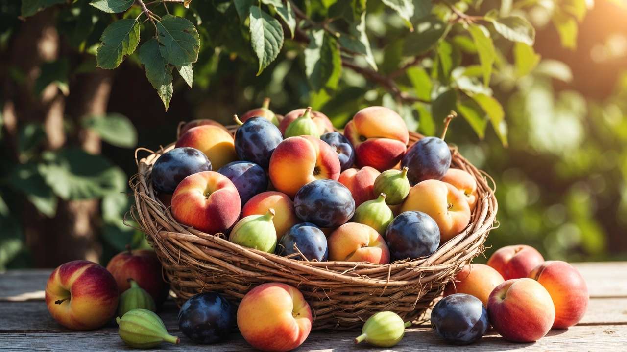Harvest basket of successful low-chill fruit trees from warm climate garden
