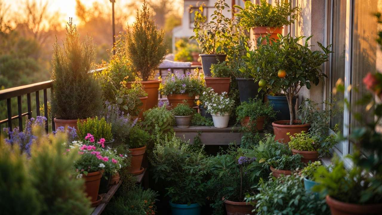 Beautifully designed small balcony garden full of container-friendly shrubs and small trees at sunset