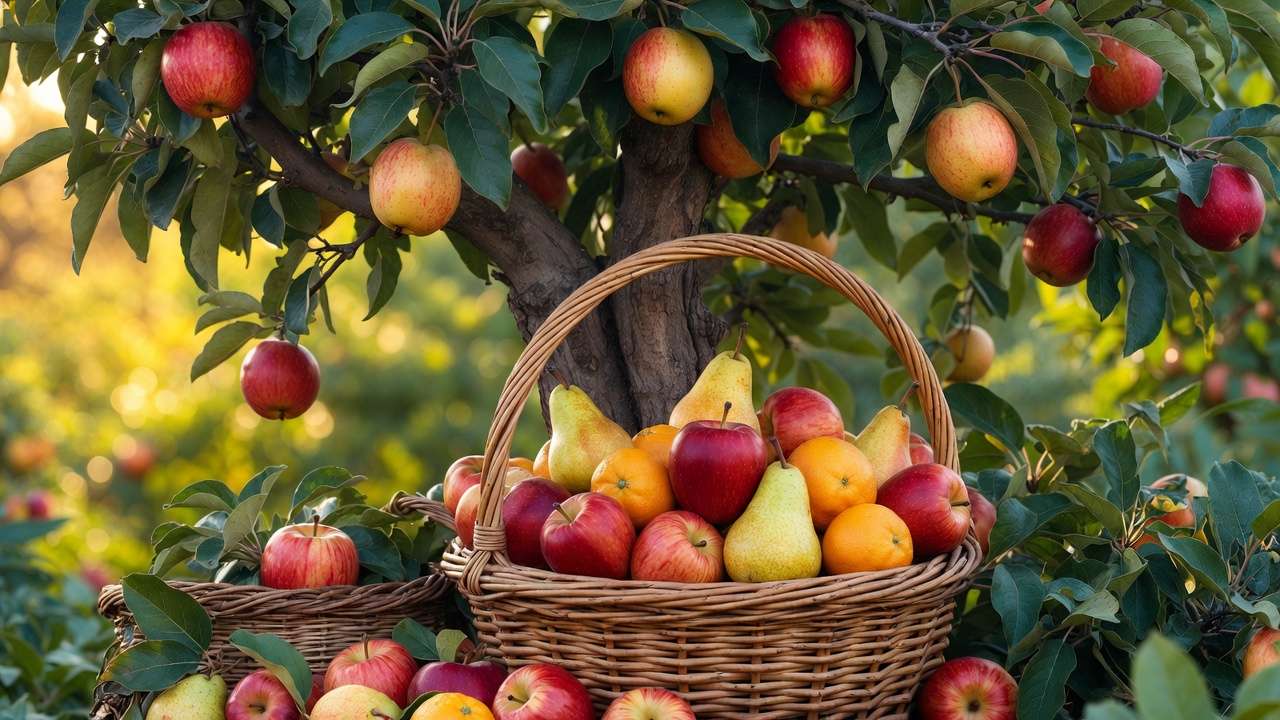 Abundant fruit harvest from successfully hand-pollinated apple, pear, and citrus trees