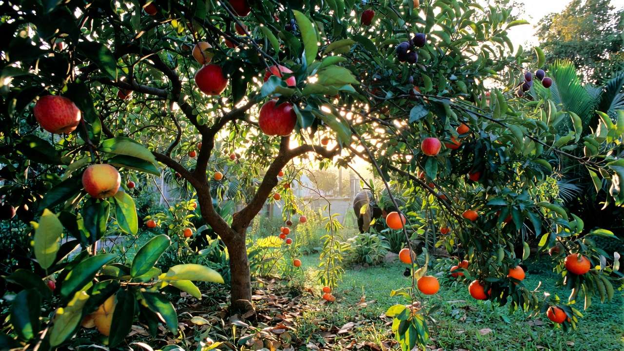 Abundant mature multi-fruit tree full of ripe apples, peaches, plums and citrus ready for harvest in backyard