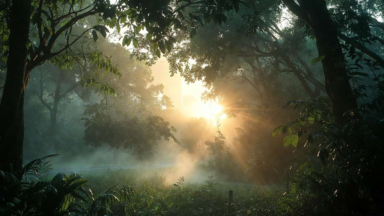 Inviting sunrise view of lush green park with trees encouraging nature exposure for long-term immune system strength